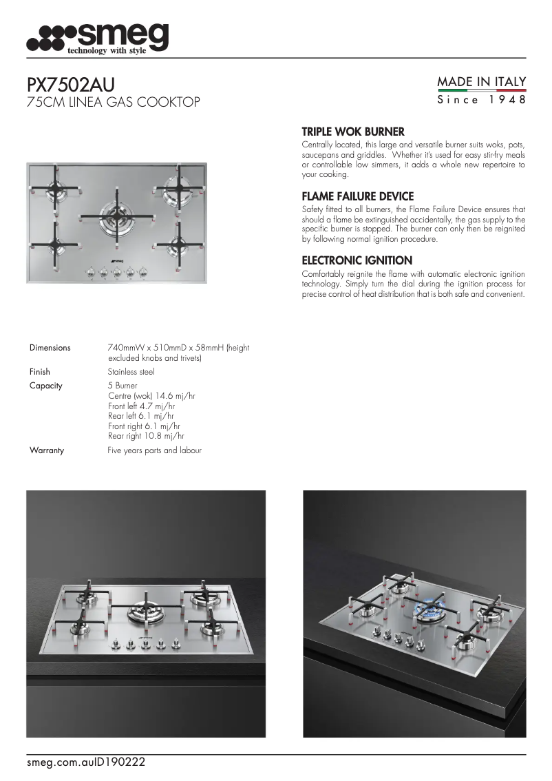 Página 1 del manual Ficha técnica Smeg PX7502AU