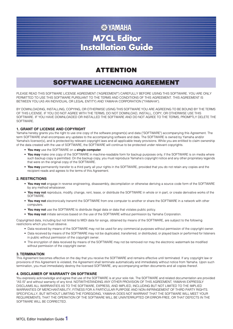 Page 1 de la notice Guide d'installation Yamaha M7CL-32