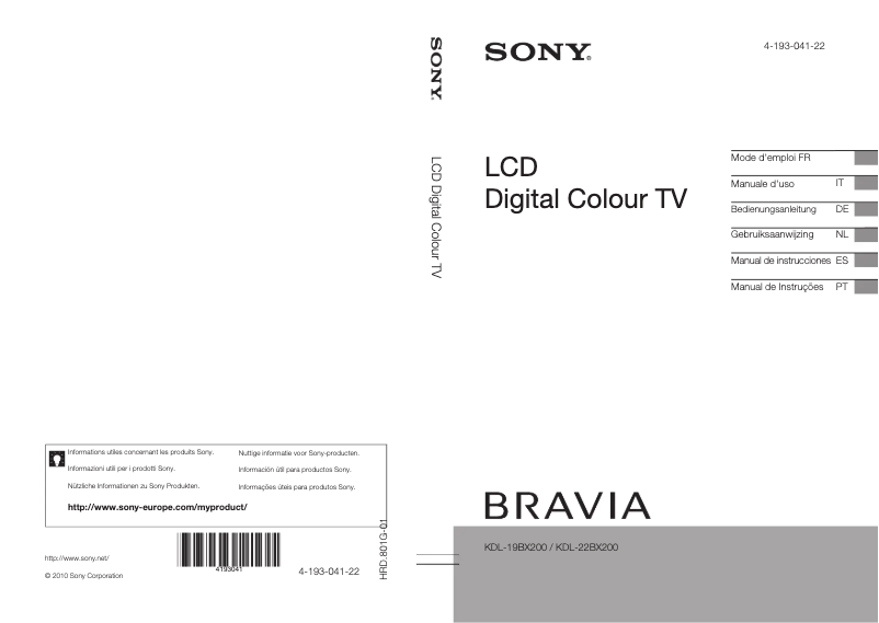 Page 1 de la notice Manuel utilisateur Sony Bravia KDL-22BX200