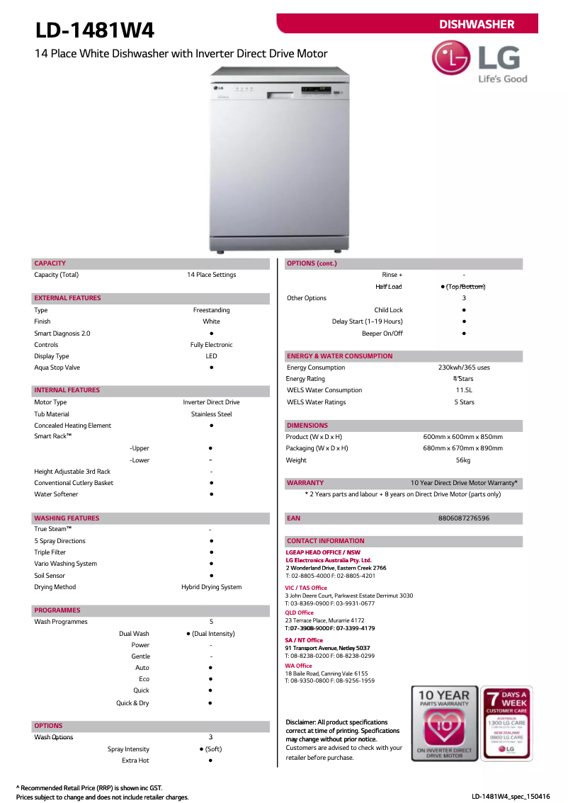 Página 1 del manual Ficha técnica LG LD-1481W4