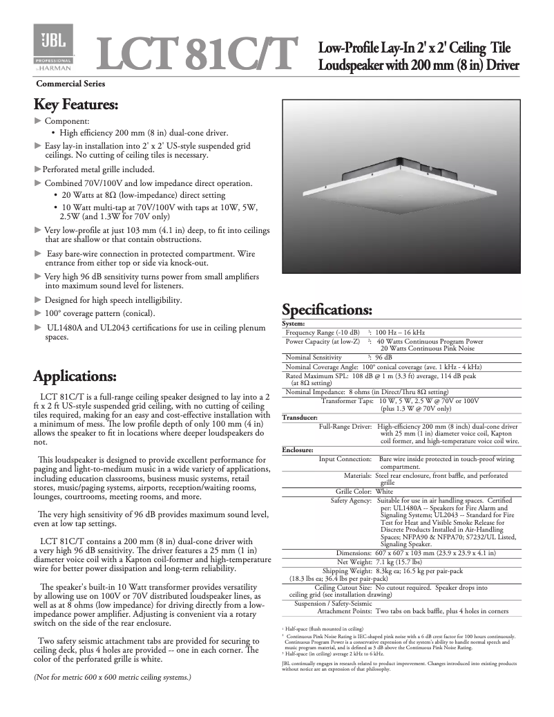 Page 1 de la notice Manuel utilisateur JBL LCT 81C/T