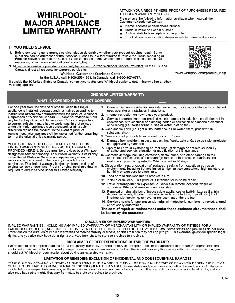 Page 1 de la notice Mode d'emploi Whirlpool WZF56R16D