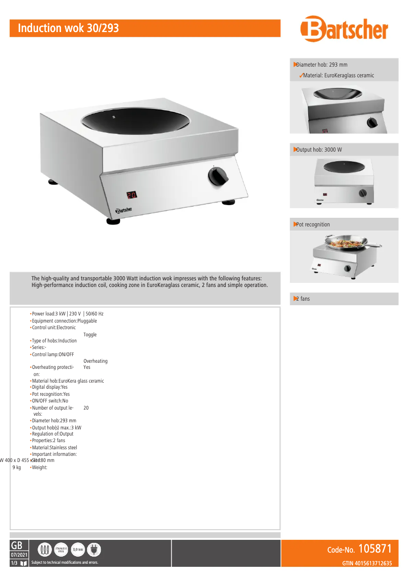 Page n°1 - Fiche technique Bartscher 105871