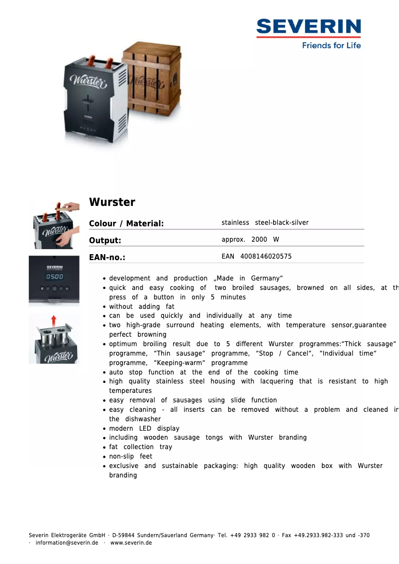 Page 1 de la notice Fiche technique Severin WT 5000