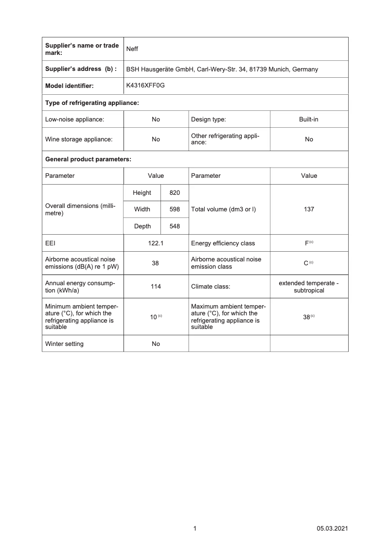 Página 1 del manual Ficha técnica Neff K4316XFF0G