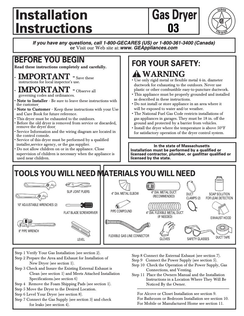 Page 1 of the manual Installation Guide GE DLLSR40GGWW