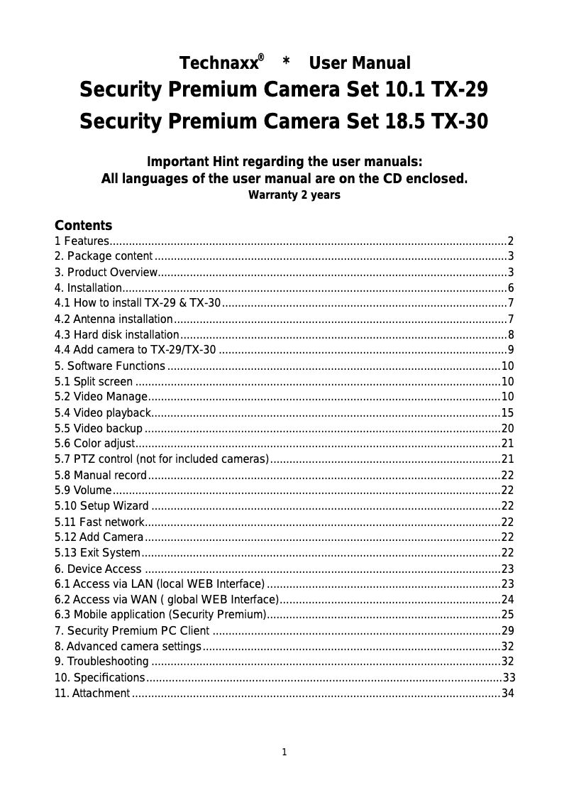 Page 1 de la notice Manuel utilisateur Technaxx Premium TX-29