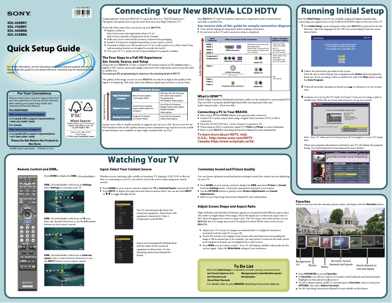 Page 1 de la notice Guide d'installation Sony Bravia KDL-70XBR7