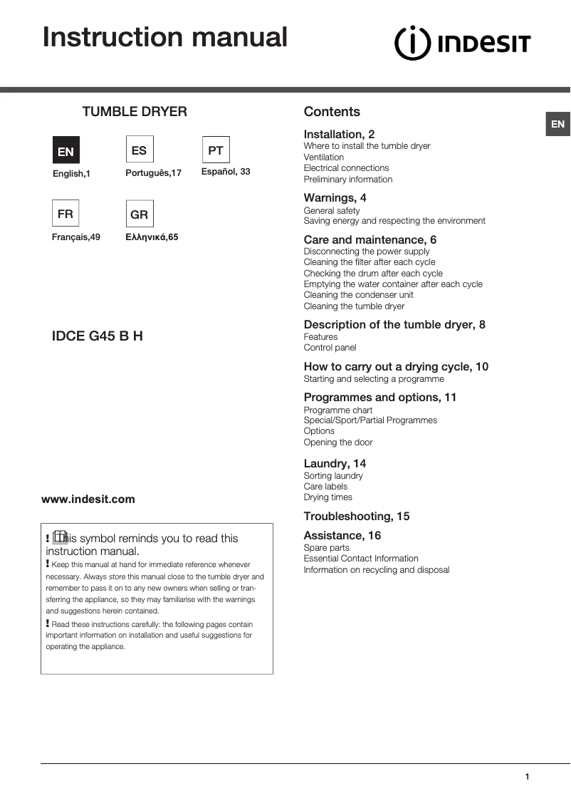 Page 1 de la notice Manuel utilisateur Indesit IDCE G45 B