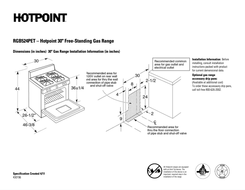 Page 1 de la notice Fiche technique Hotpoint RGB524PETWH