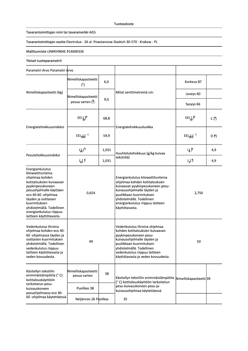 Página 1 del manual Ficha técnica AEG L9WKH964E