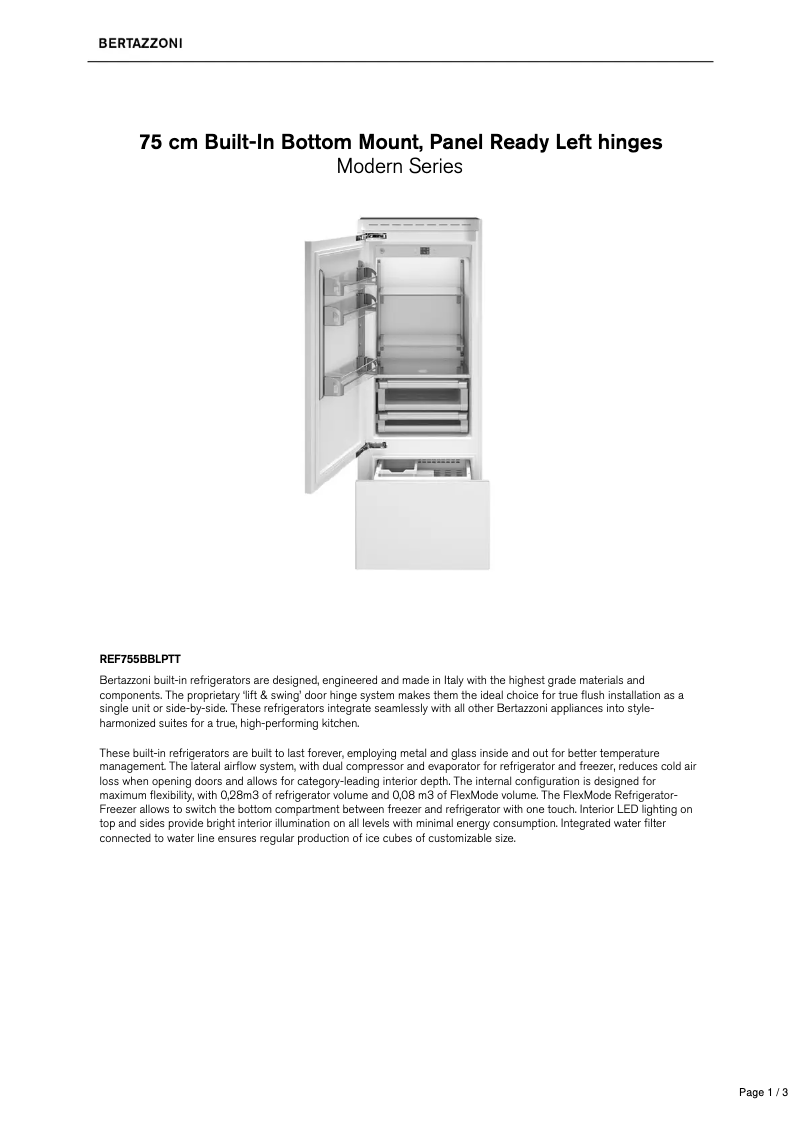 Page 1 de la notice Fiche technique Bertazzoni REF755BBLPTT