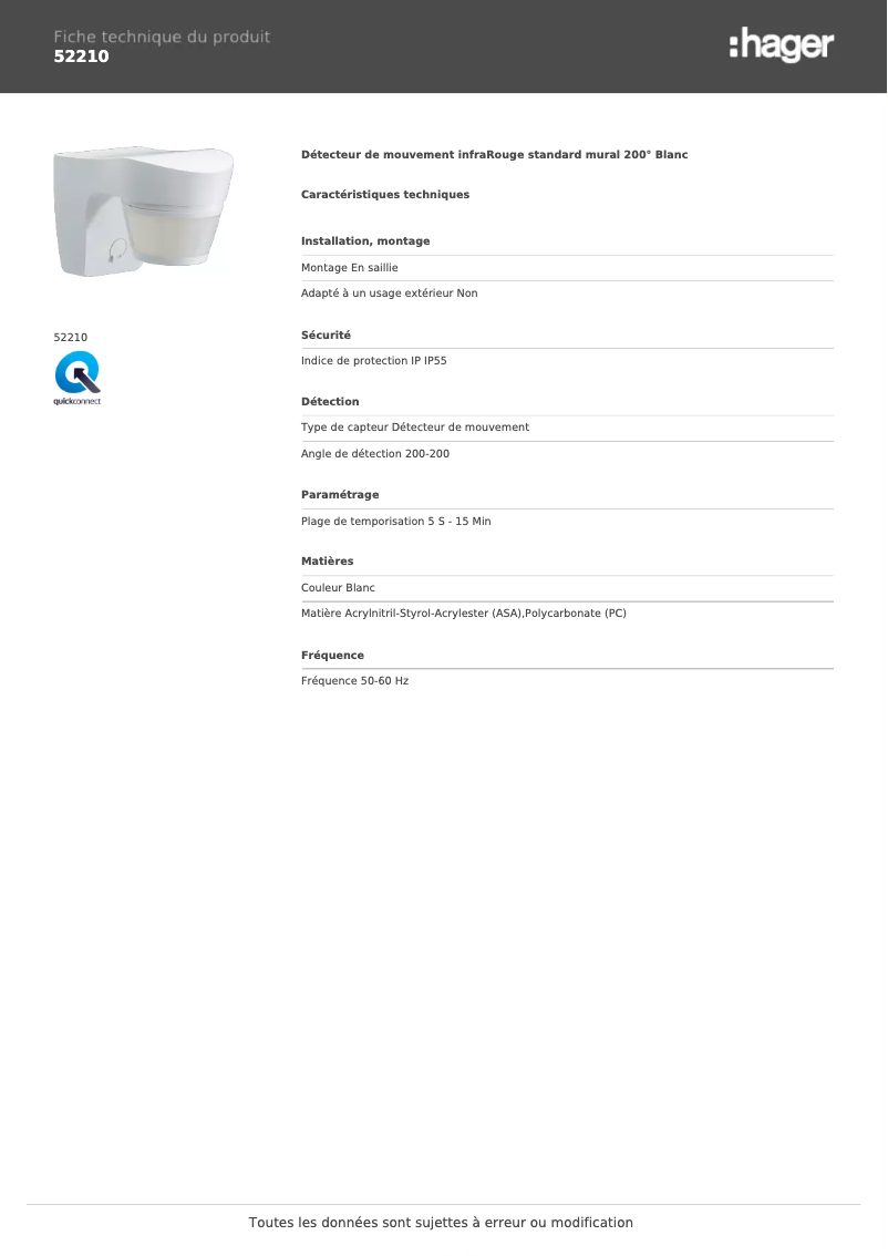 Page 1 de la notice Fiche technique Hager 52210