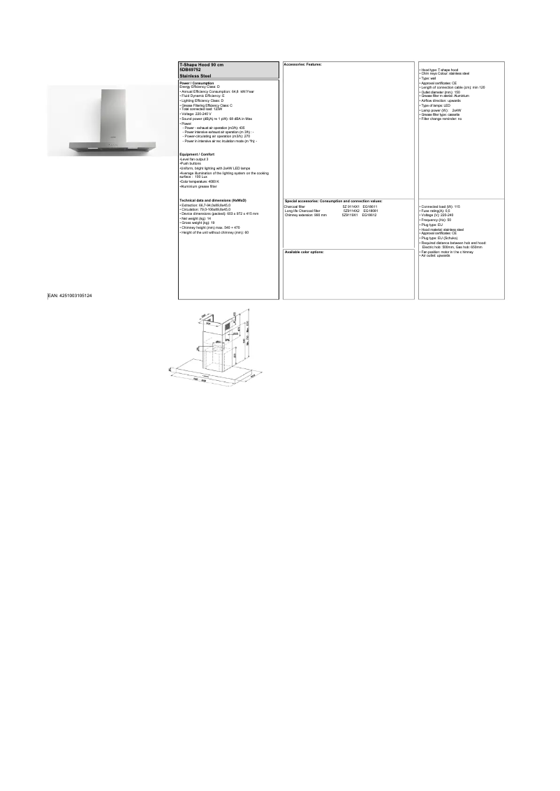 Page 1 de la notice Fiche technique Blaupunkt 5DB69752
