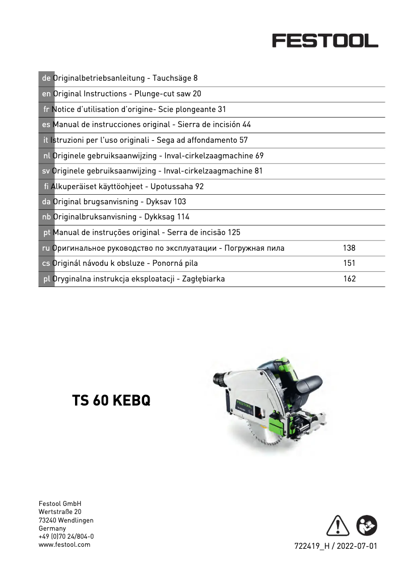 Page 1 de la notice Manuel utilisateur Festool TS 60 K