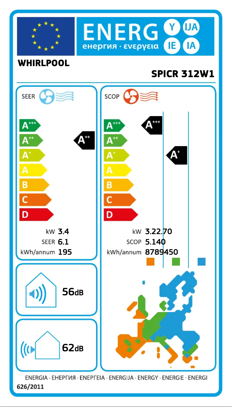 Page 1 de la notice Label énergétique Whirlpool SPICR 312W1
