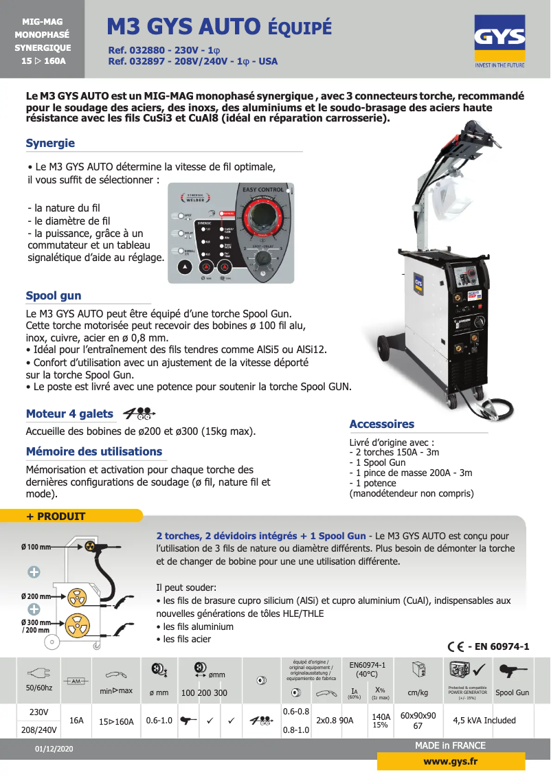 Page 1 de la notice Fiche technique GYS M3 GYS Auto
