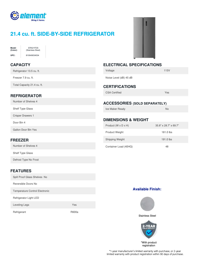 Page 1 de la notice Fiche technique Element ERX21FDS