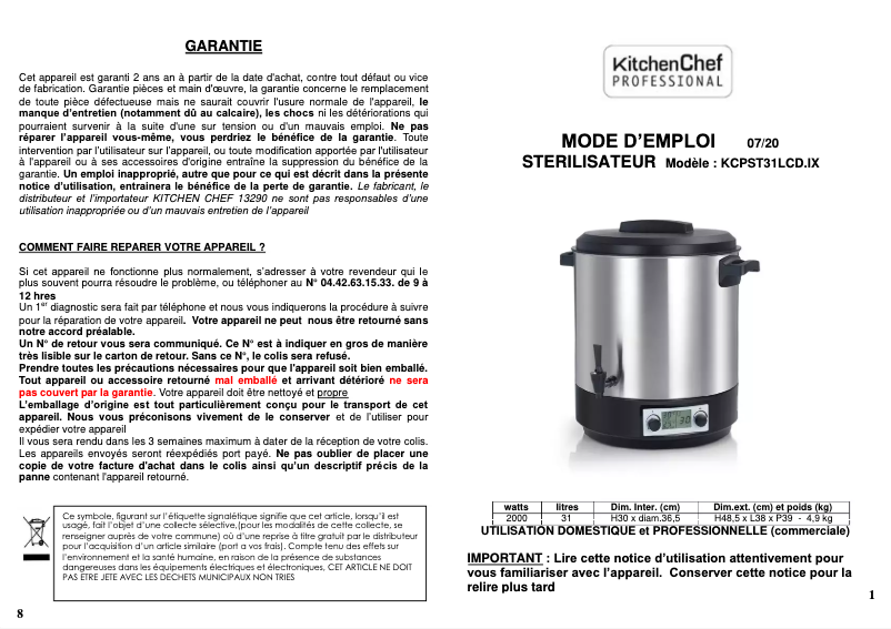 Page n°1 - Manuel utilisateur Kitchen Chef KCPST31LCD.IX
