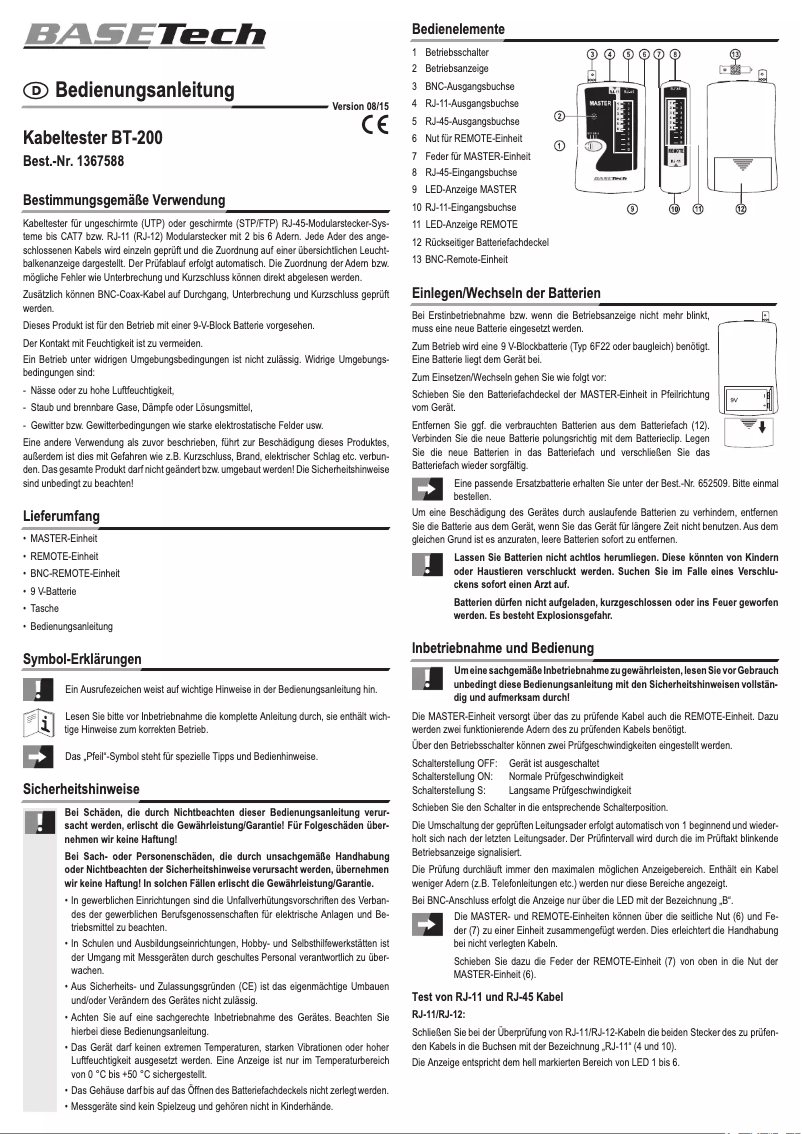 Page 1 de la notice Manuel utilisateur BaseTech BT-200