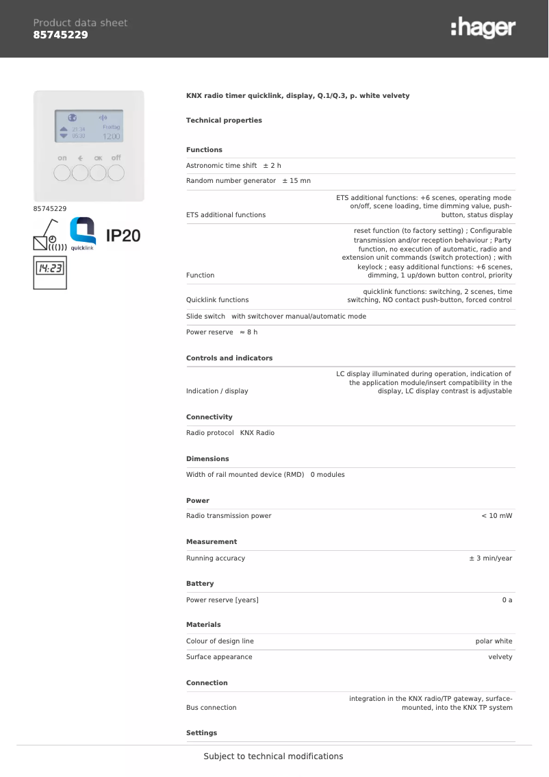 Page 1 de la notice Fiche technique Hager 85745229