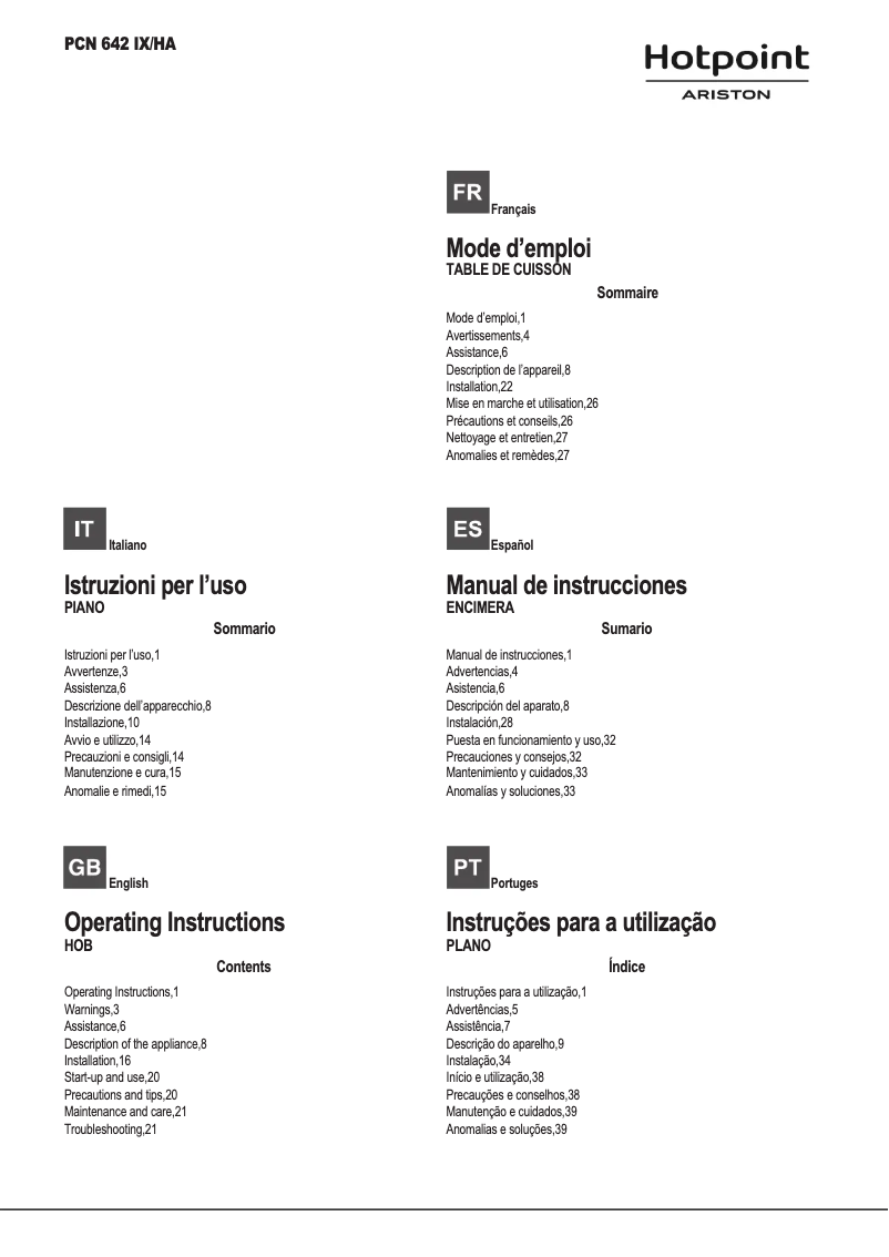 Page 1 of the manual User Manual Hotpoint PCN 642 IX/HA