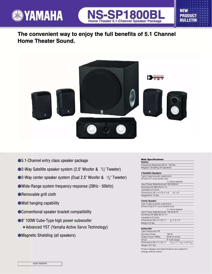 Page 1 de la notice Fiche technique Yamaha NS-SP1800BL