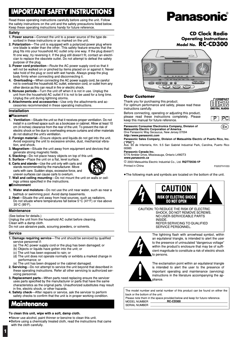 Page 1 de la notice Manuel utilisateur Panasonic RC-CD300