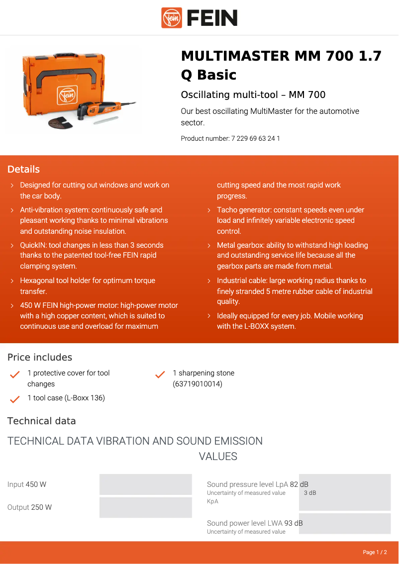 Página 1 del manual Ficha técnica Fein Multimaster MM 700 1.7 Q Basic