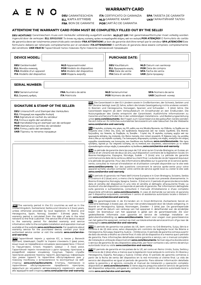 Page 1 de la notice Informations de garantie AENO RC1S