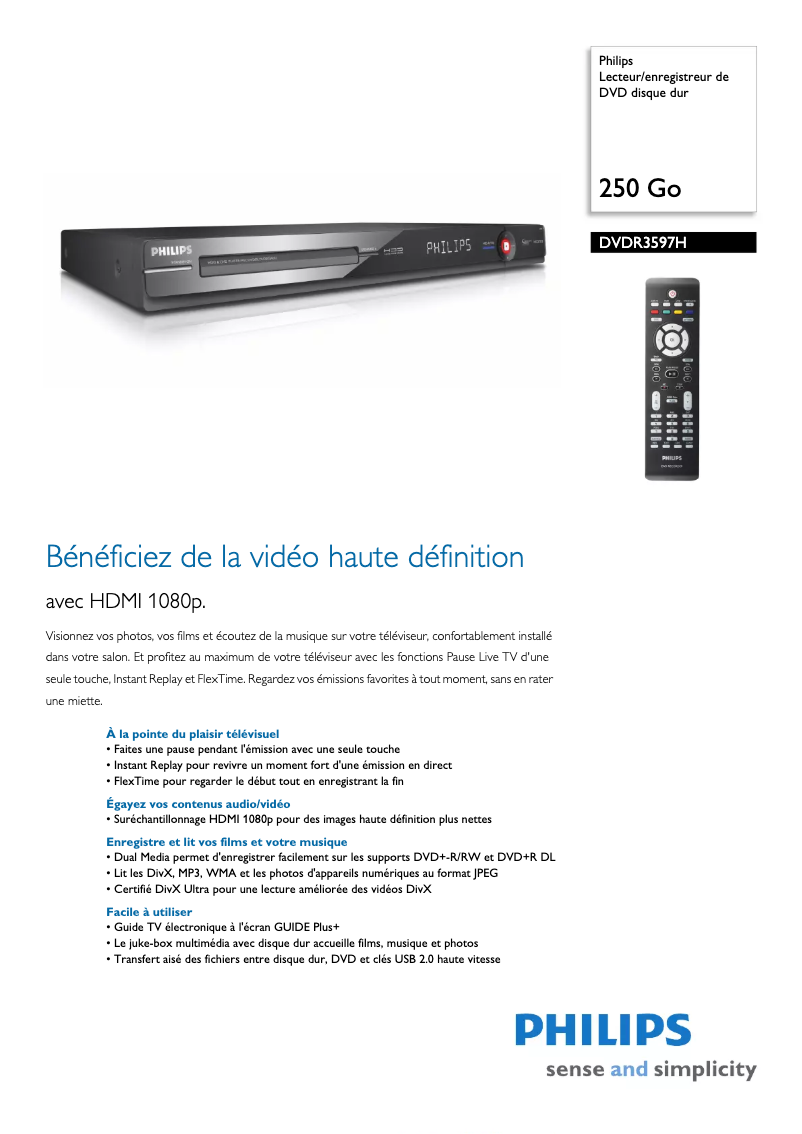Page 1 de la notice Fiche technique Philips DVDR3597H