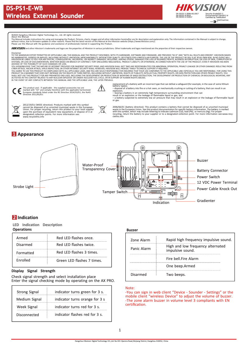 Page 1 de la notice Manuel utilisateur Hikvision DS-PS1-E-WB