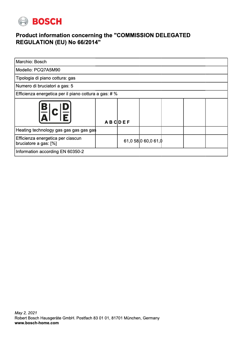 Page 1 de la notice Fiche technique Bosch PCQ7A5M90