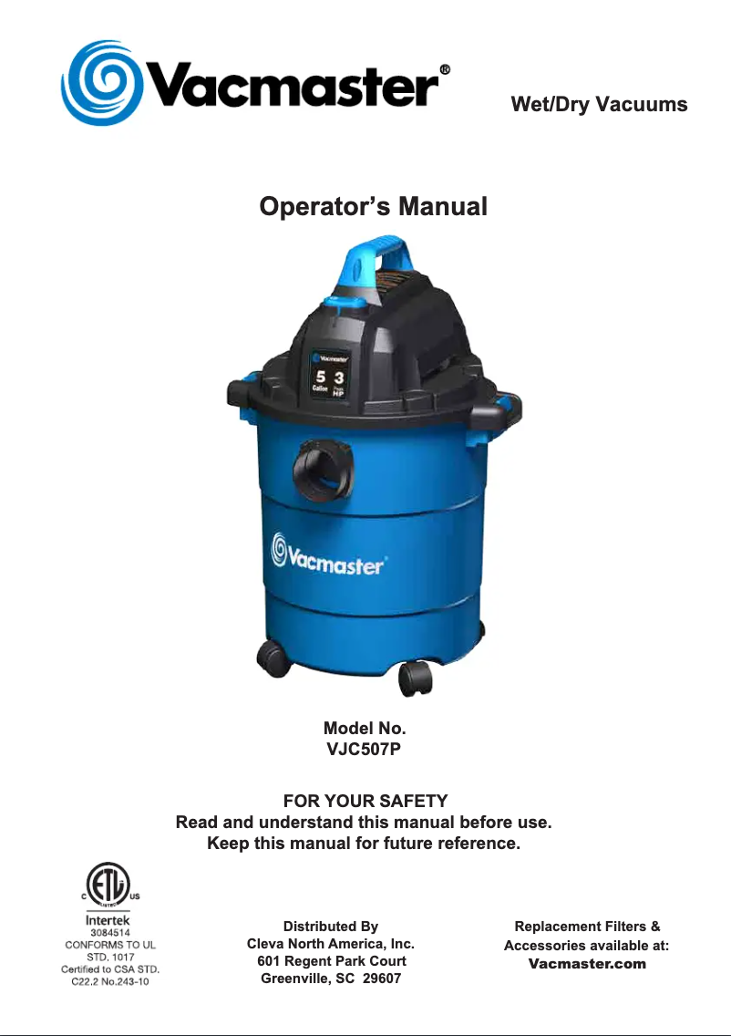 Page 1 de la notice Manuel utilisateur Vacmaster VJC507P