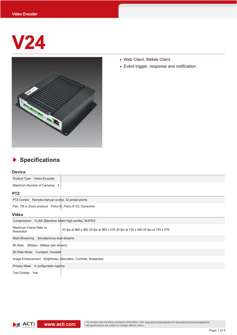 Página 1 del manual Ficha técnica ACTi V24