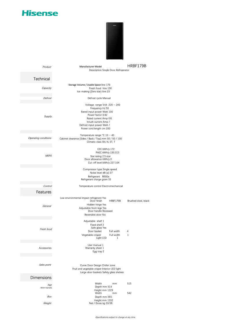 Page 1 de la notice Fiche technique Hisense HRBF179B
