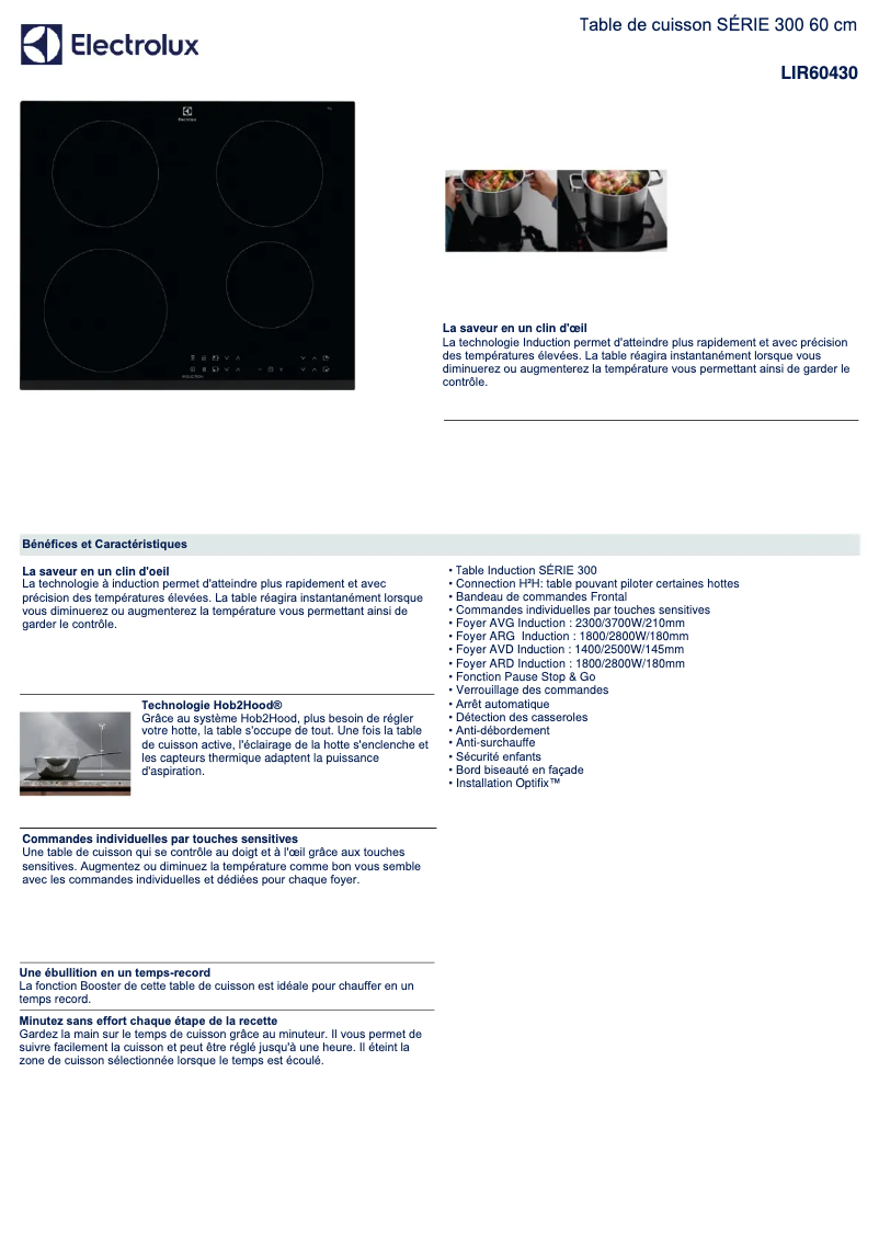 Page 1 de la notice Fiche technique Electrolux LIR60430