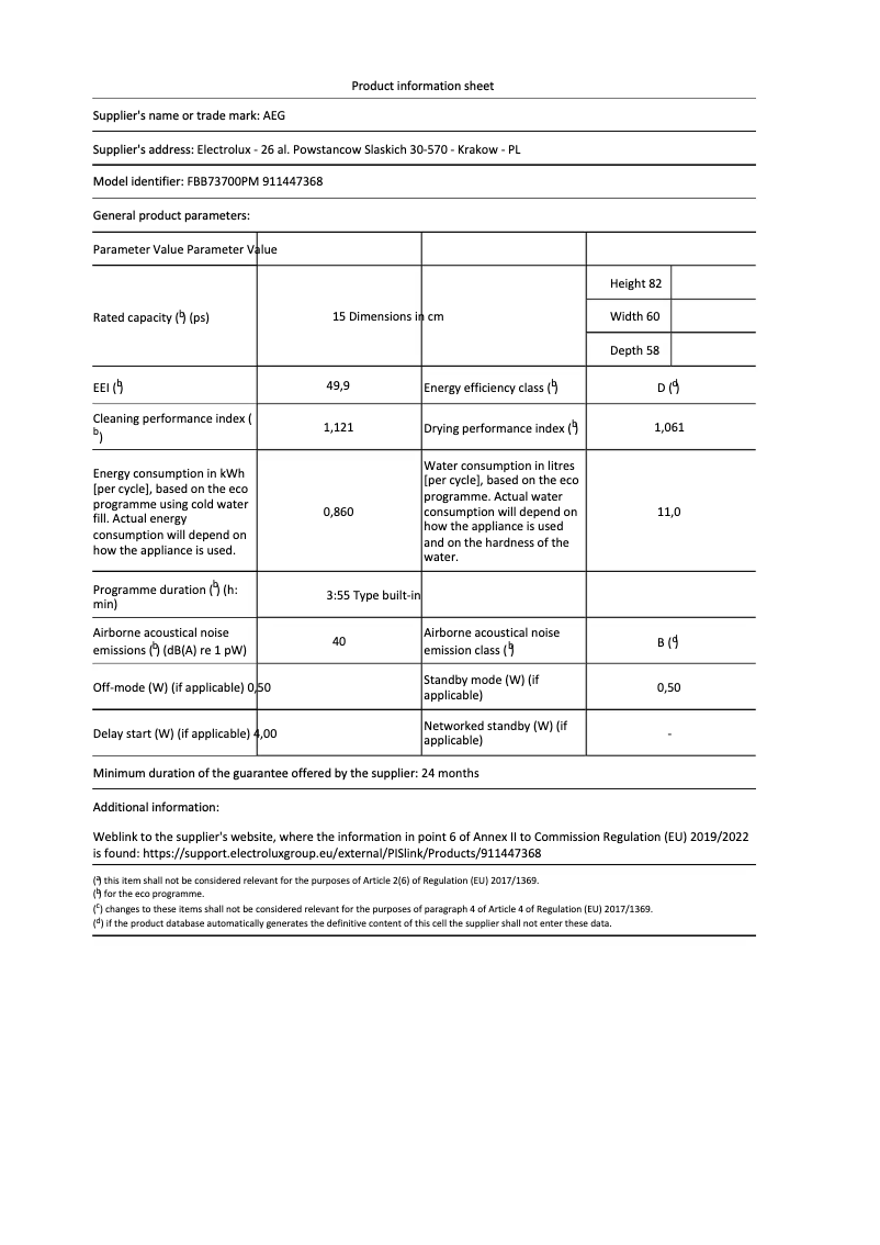 Page 1 de la notice Fiche technique AEG FBB73700PM