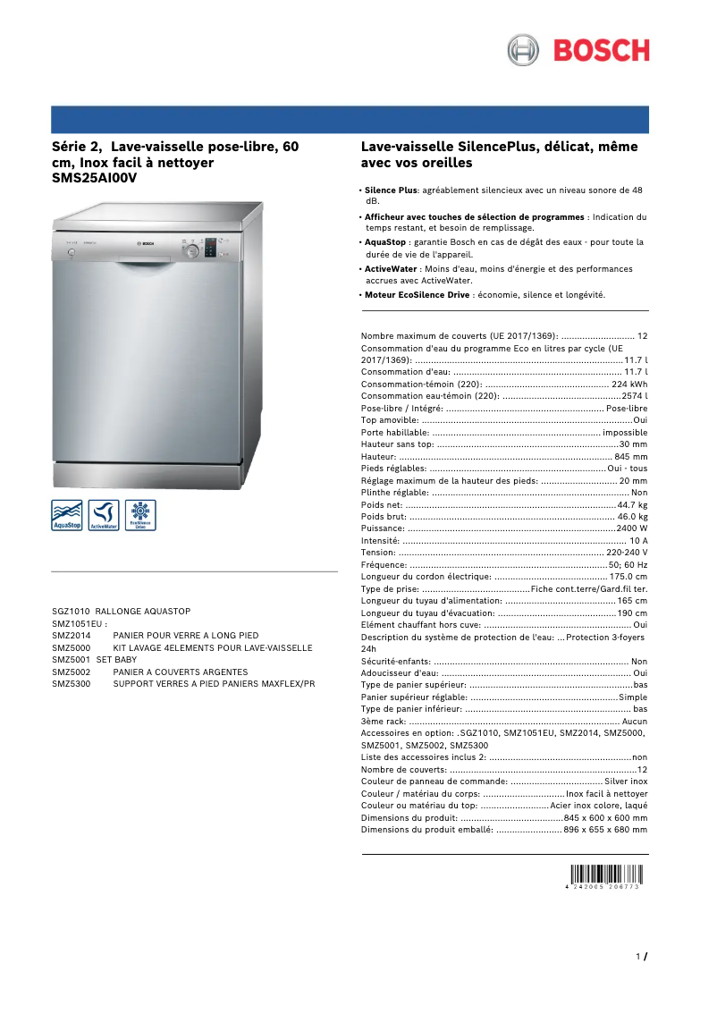 Page 1 de la notice Fiche technique Bosch SMS25AI00V