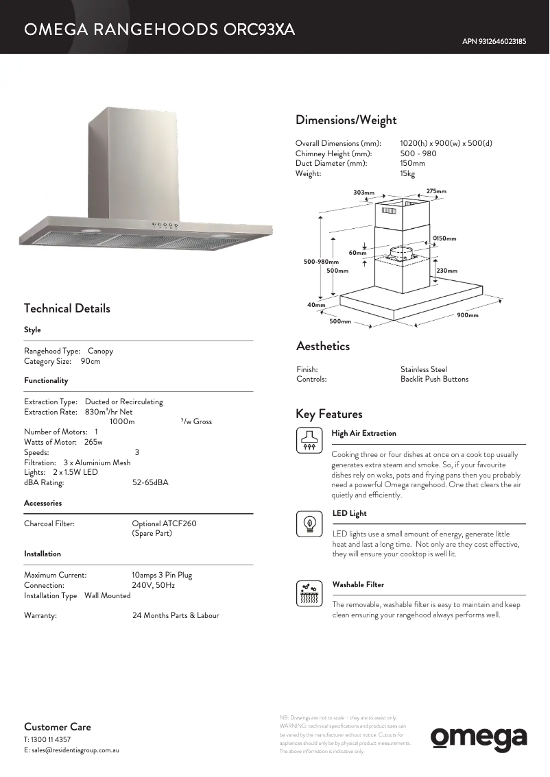 Page 1 de la notice Fiche technique Omega ORC93XA