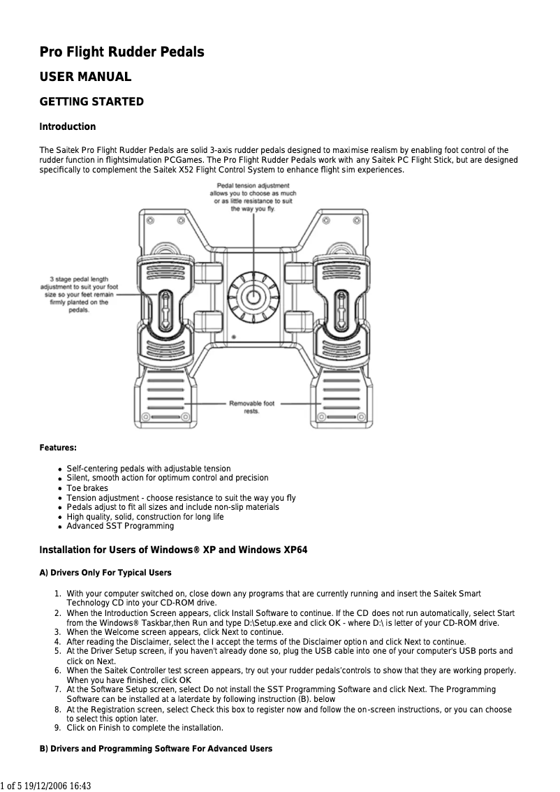 Image de la première page du manuel de l'appareil Pro Flight Rudder Pedals PC