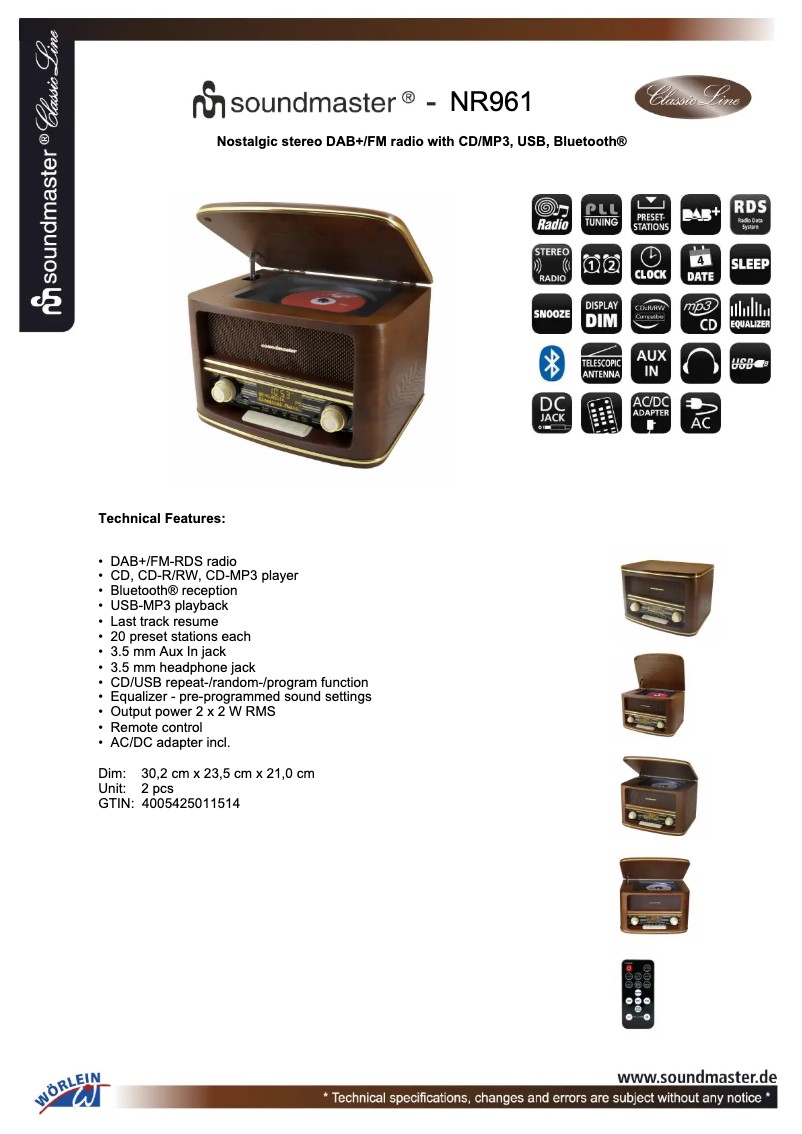 Page 1 de la notice Fiche technique Soundmaster NR961