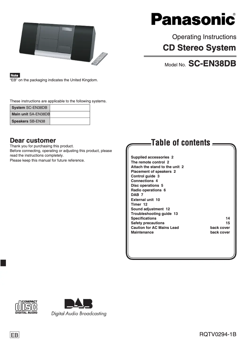 Page n°1 - Manuel utilisateur Panasonic SC-EN38DB
