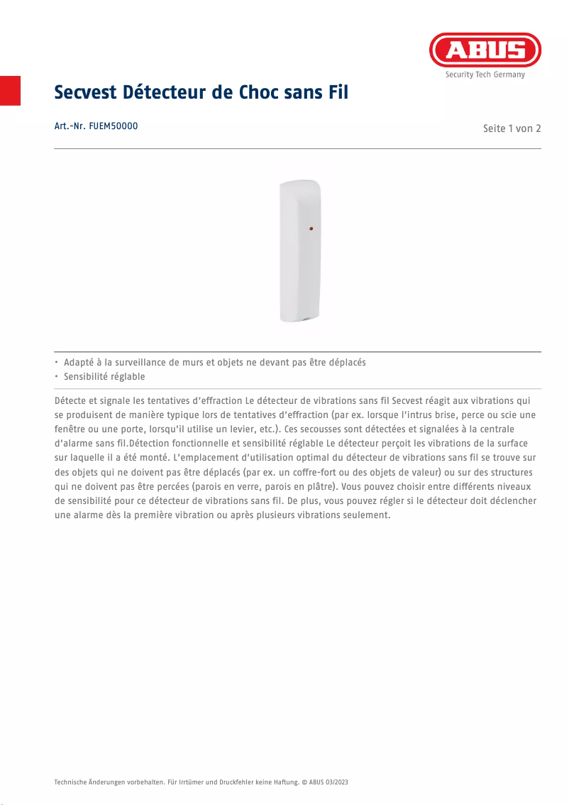 Page 1 de la notice Fiche technique Abus FUEM50000