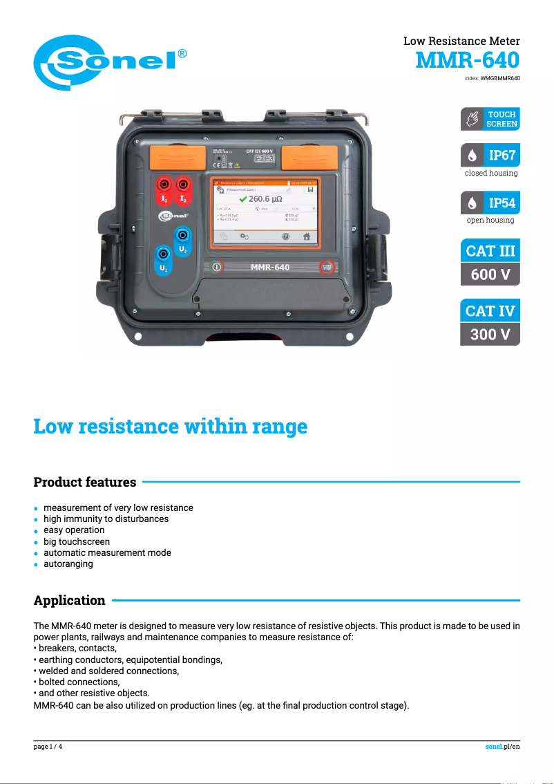 Page 1 de la notice Fiche technique Sonel MMR-640