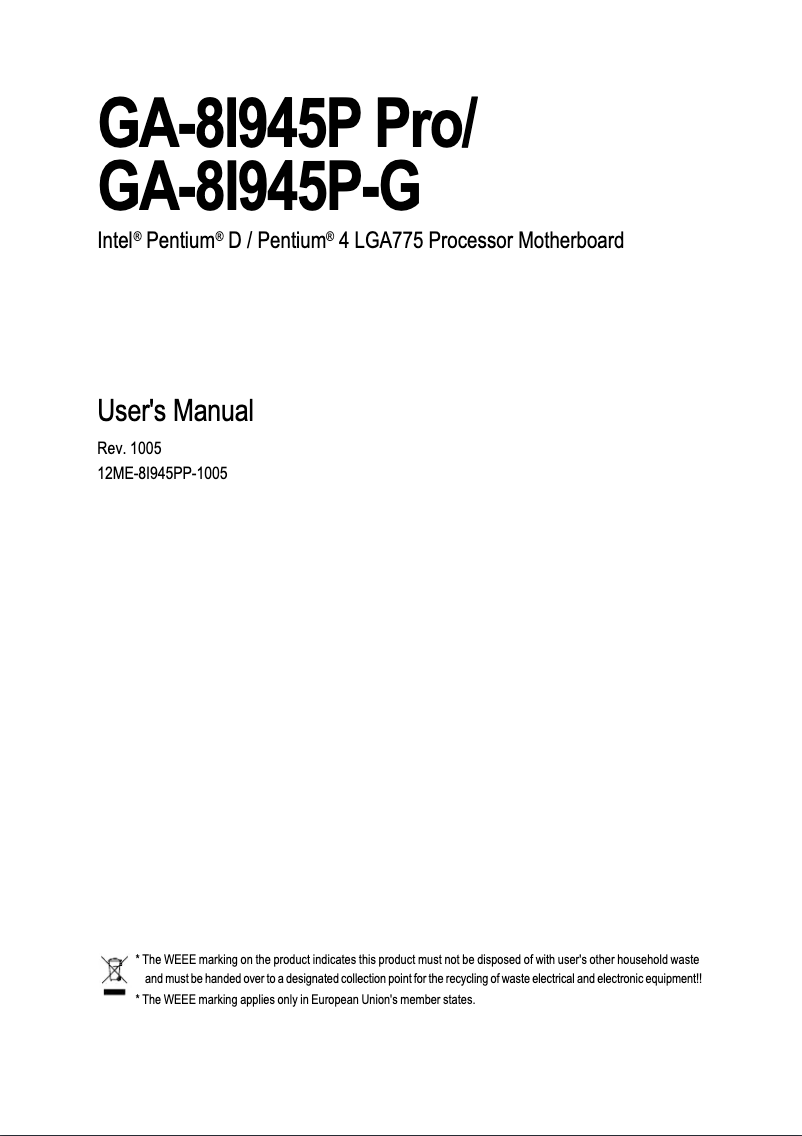 Page 1 de la notice Manuel utilisateur Gigabyte GA-8I945P Pro