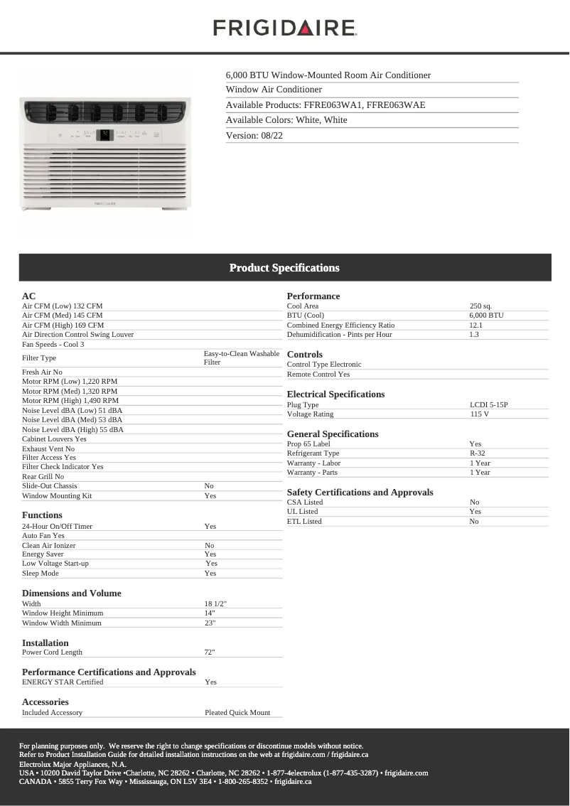 Page 1 de la notice Fiche technique Frigidaire FFRE063WAE
