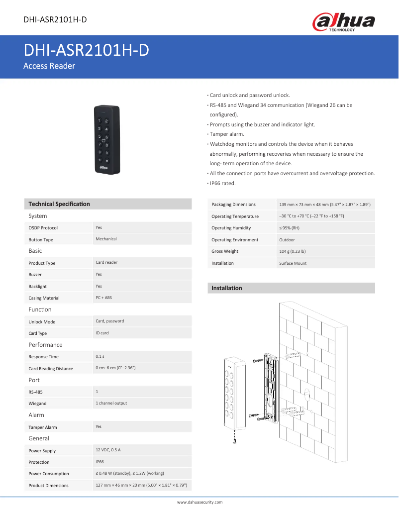 Page 1 de la notice Fiche technique Dahua Technology ASR2101H-D