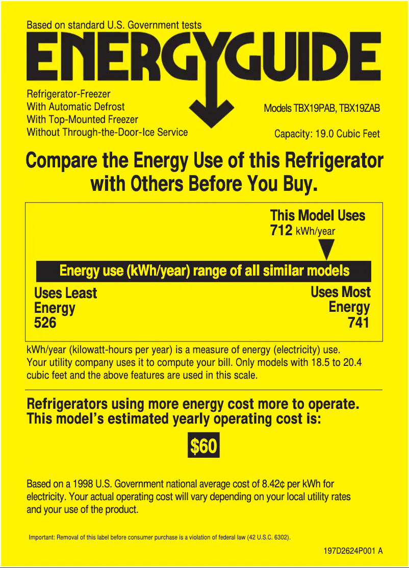 Page n°1 - Label énergétique GE Profile TBX19PABWW