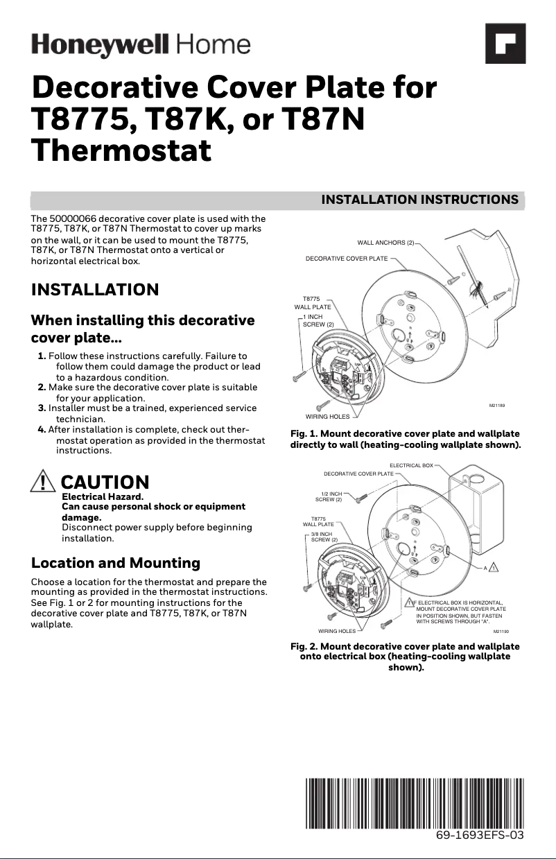 Page 1 de la notice Guide d'installation Honeywell CT87N1019/U